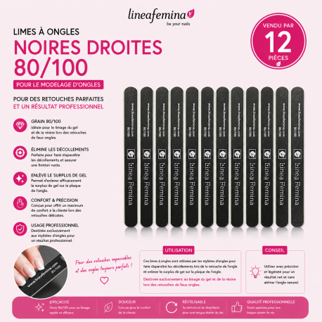 Lot de 12 Limes à Ongles Noires Droites 80/100 Professionnelles Linea Femina